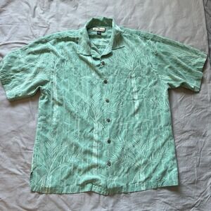 TOMMY BAHAMA Silk Shirt Mens Large Green Palm Tree Short Sleeve Tropical Vaction